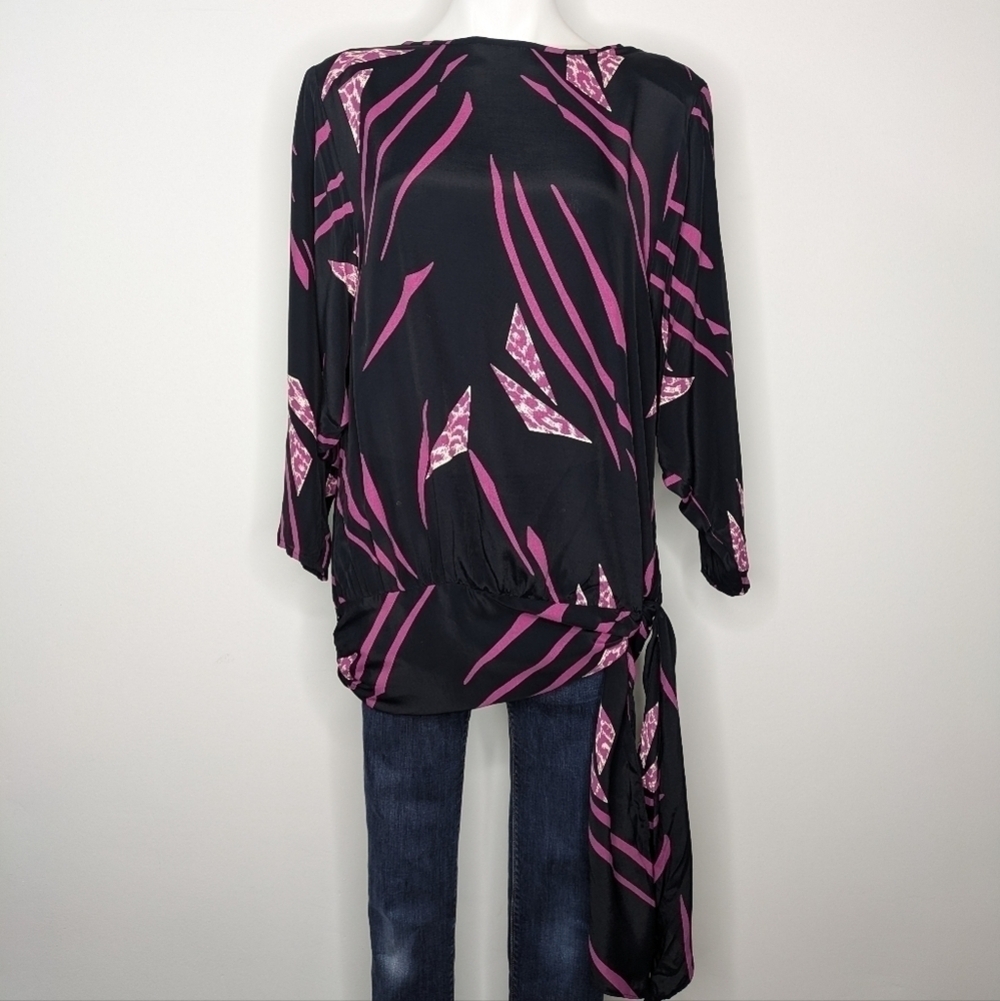 Vintage Jeffrey Jeffrey black pink tie waist low back blouse L